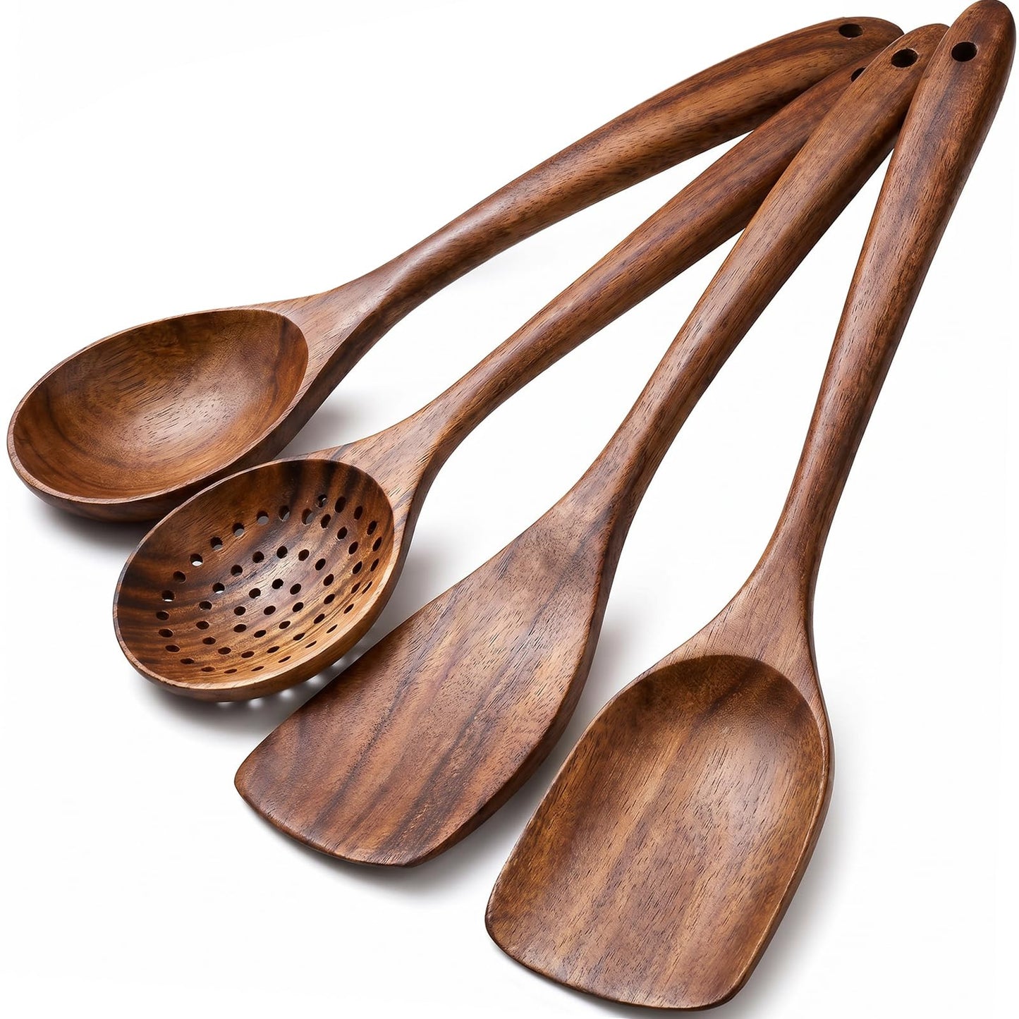 10PCS Teak Wooden Utensils Set With Holder & Spoon Rest, Stainless Handle