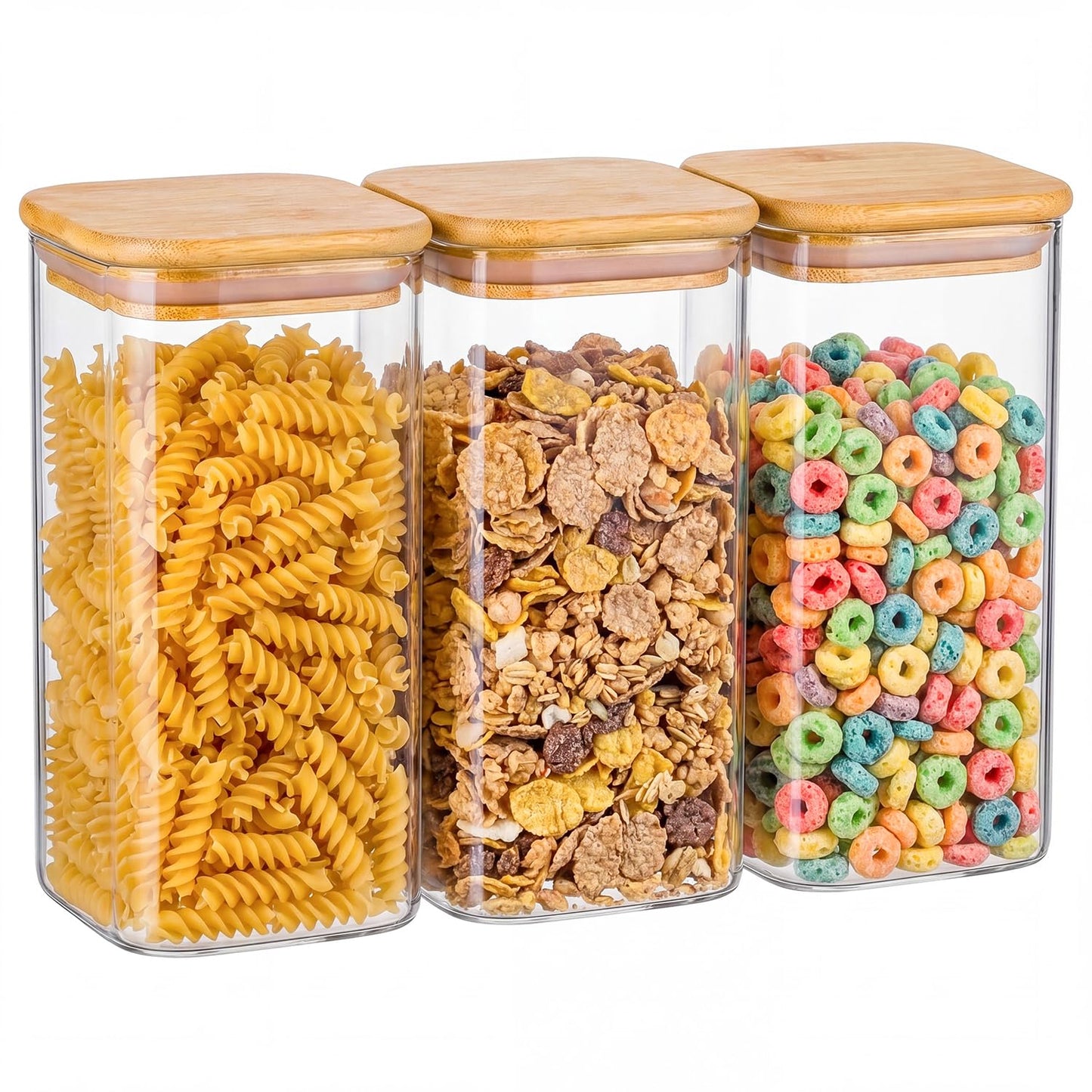 Xoniwis 3-Pack 1.6Qt Square Glass Storage Jars with Bamboo Lids