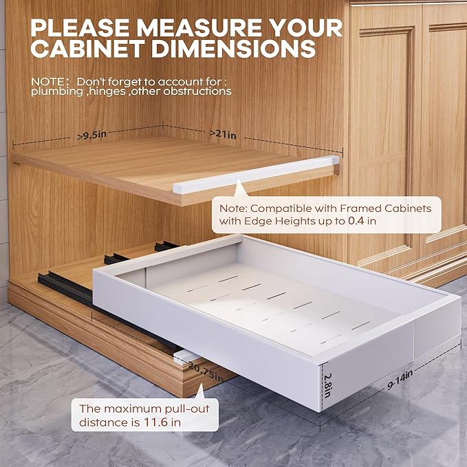 4 Pack Expandable Width (9"-14.1") Pull Out Cabinet Organizer 21" Deep with Raising Pad for Framed Cabinets, Upgrade 3 Slide Rails Slide Out Drawers, Roll Out Shelves Adhesive, White