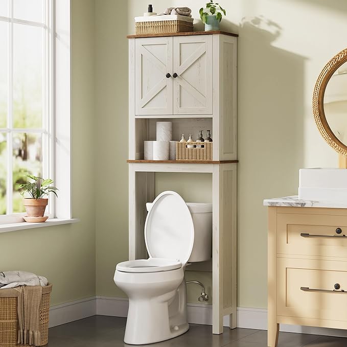 VASAGLE LIRY Collection - Over-The-Toilet Storage Cabinet, 23.6-Inch Wide Farmhouse Bathroom Organizer, with Barn Doors, Adjustable Shelf, Space-Saving, Rustic White UBTS026W01