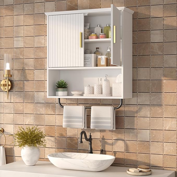Bathroom Wall Cabinet with Towel Bar, 2 Doors & Adjustable Shelves - Space Saving Wood Wall Mounted Medicine Cabinet Storage Organizer for Bathroom, Laundry, Kitchen, Living Room (White)