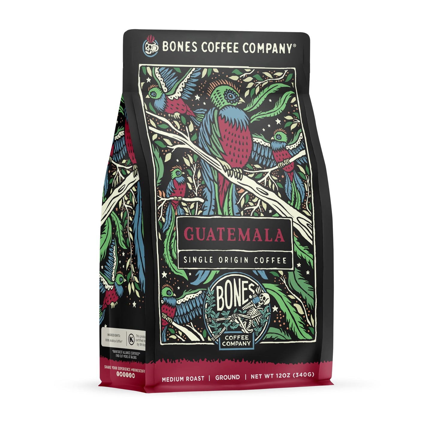 Bones Coffee Company Ethiopia Single-Origin, Citrus, Floral and Berries Notes, Whole Coffee Beans, Low Acid Medium Roast Arabica Beans Flavored Coffee, 12 oz Whole Bean