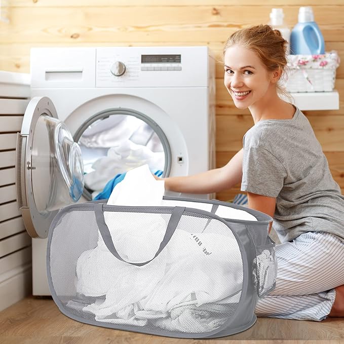 4 Pack Collapsible Laundry Baskets, Foldable Laundry Basket with Pocket, Durable Mesh Pop Up Hampers, Reinforced Handles Dirty Clothes Hamper for Laundry, Bedroom, Bathroom, Dorm, Travel or Camping
