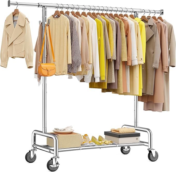 Raybee Heavy Duty Clothes Rack 75" Extra Wide, 450 LBS Clothing Rack with 4 Hooks, Lockable Wheels, Metal Garment Rack for Bedroom, Laundry Room, Commercial