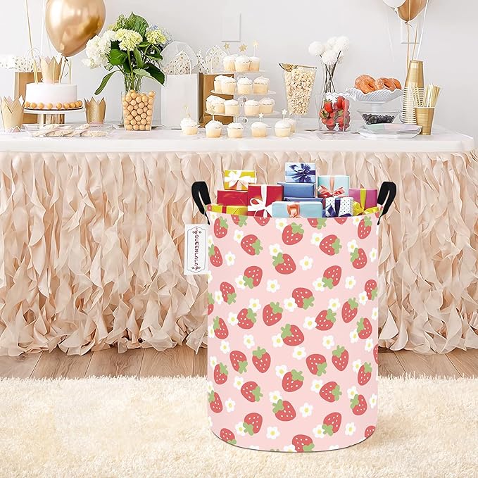QUEENLALA Large Storage Basket,Laundry Hamper/Bathroom/Home Decor/Collapsible Round Storage Bin,Boys and Girls Hamper/Boxes/Clothing(Round-Pink Strawberry)