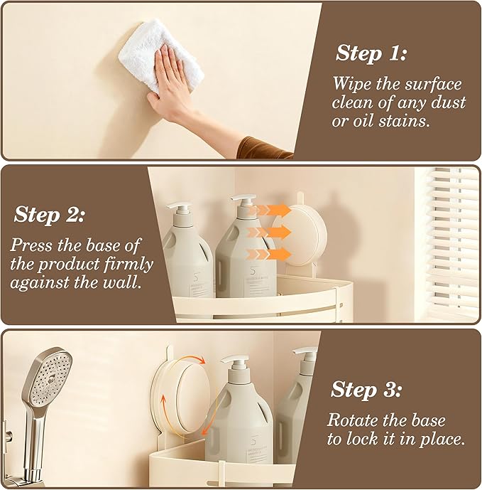 Corner Suction Cup Shower Caddy(2-Pack Cream White),No-Drilling Aluminum Shower Shelf with Towel Bar & Hooks,Removable Bathroom and Kitchen Storage Organizer