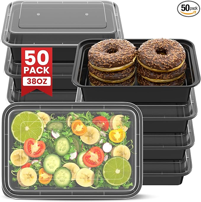 Geisoun 38oz Meal Prep Containers [50-Pack], Reusable Bento Box with Easy-Snap Leakproof Lids - Microwave, Dishwasher & Freezer Safe Food Storage, BPA-Free Plastic Lunch Containers (Black)