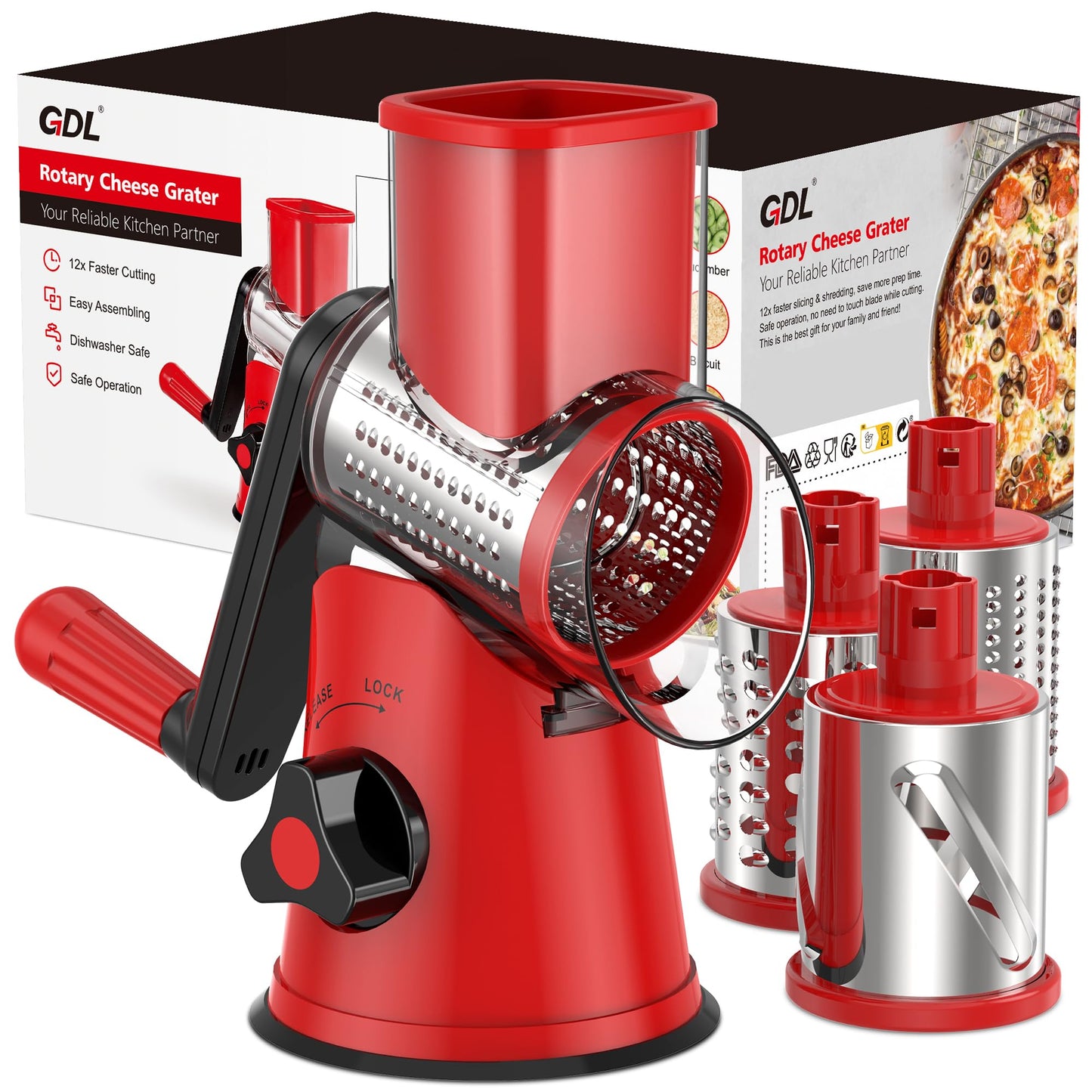 GDL Cheese Grater Hand Crank, Rotary Cheese shredder, Vegetable Slicer