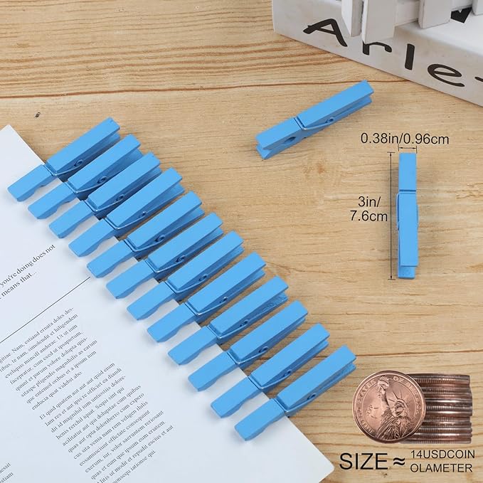 Phinus 72 Pcs Colorful Wooden Clothes Pins, 2.9 Inch Clothes Pins for Baby Shower Games, Hanging Clothes, Pictures, Photos, Classroom, Crafts, Decoration, Colorful Clothespins Heavy Duty (Blue)
