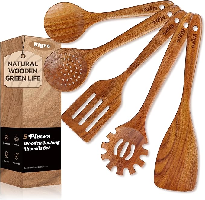 KLYRO 13 Pcs Wooden Cooking Utensil Set with Gift Box – Natural Wooden Spoons for Cooking & Serving, Nonstick Friendly, Perfect Housewarming & Holiday Gift