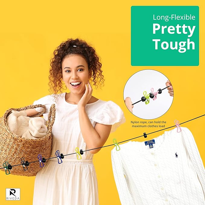 Portable Travel Clothesline with 12 Colorful Clips & Bag, Elastic RV & Camping Clothes Line for Indoor Laundry Drying Line & Outdoor Camping Accessories (Elastic)