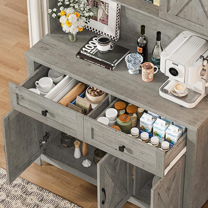 Befrases 67.7 Inch Farmhouse Pantry Storage Cabinet with Sliding Barn Doors, 2 Drawer Farmhouse Coffee Cabinet with Adjustable Shelf, Side Board with Buffet Cupboard Livingroom Kitchen, Grey