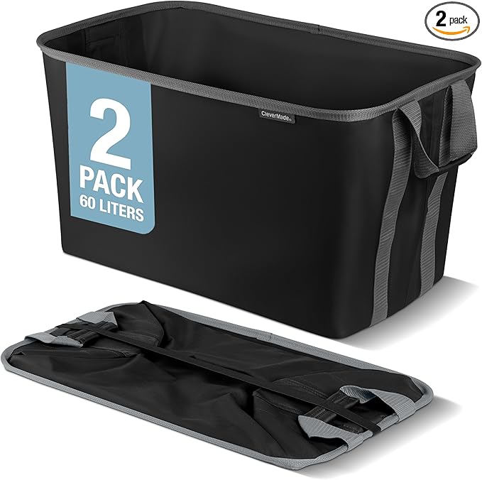 CleverMade Collapsible Laundry Basket 2 Pack – 60L (16 Gal) Foldable Clothes Hamper with Reinforced Handles, Space Saving Fabric Laundry Bin, Holds 55 lbs, Flat Folding for Home & Travel - Black