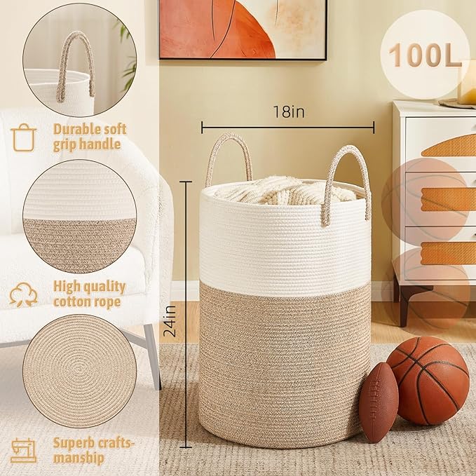 Laundry Basket,Woven Cotton Rope Laundry Hamper,100L for Decorative Storage of Dirty Clothes,Toys and Blankets in Bathroom,Baby Room and Living Room