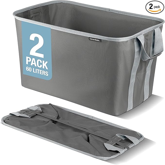 CleverMade Collapsible Laundry Basket 2 Pack – 60L (16 Gal) Foldable Clothes Hamper with Reinforced Handles, Space Saving Fabric Laundry Bin, Holds 55 lbs, Flat Folding for Dorm, Apartment & RV - Charcoal