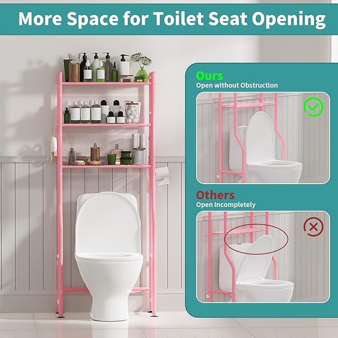3-Tier Over The Toilet Storage with Paper Holder, Metal Bathroom Organizers and Storage for Small Space, Freestanding Bathroom Shelves with 4 Hooks, Above The Toilet Storage Shelf (Pink)