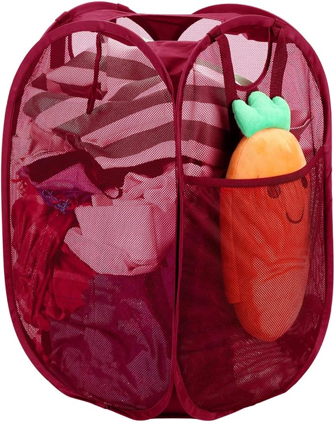 Strong Mesh Pop-up Laundry Hamper, Quality Laundry Basket with Durable Handles Solid Bottom High Carbon Steel Frame, Easy to Open and Fold Flat for Storage (Red)