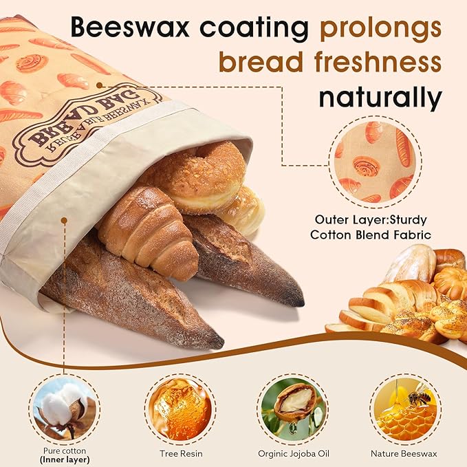 1 Pack Beeswax Bread Bags for Sourdough Homemade Bread, XL Cotton Lining Sourdough Reusable Natural Beeswax Bread Storage Bag, Keep Fresh and Upgraded Large Capacity Portable