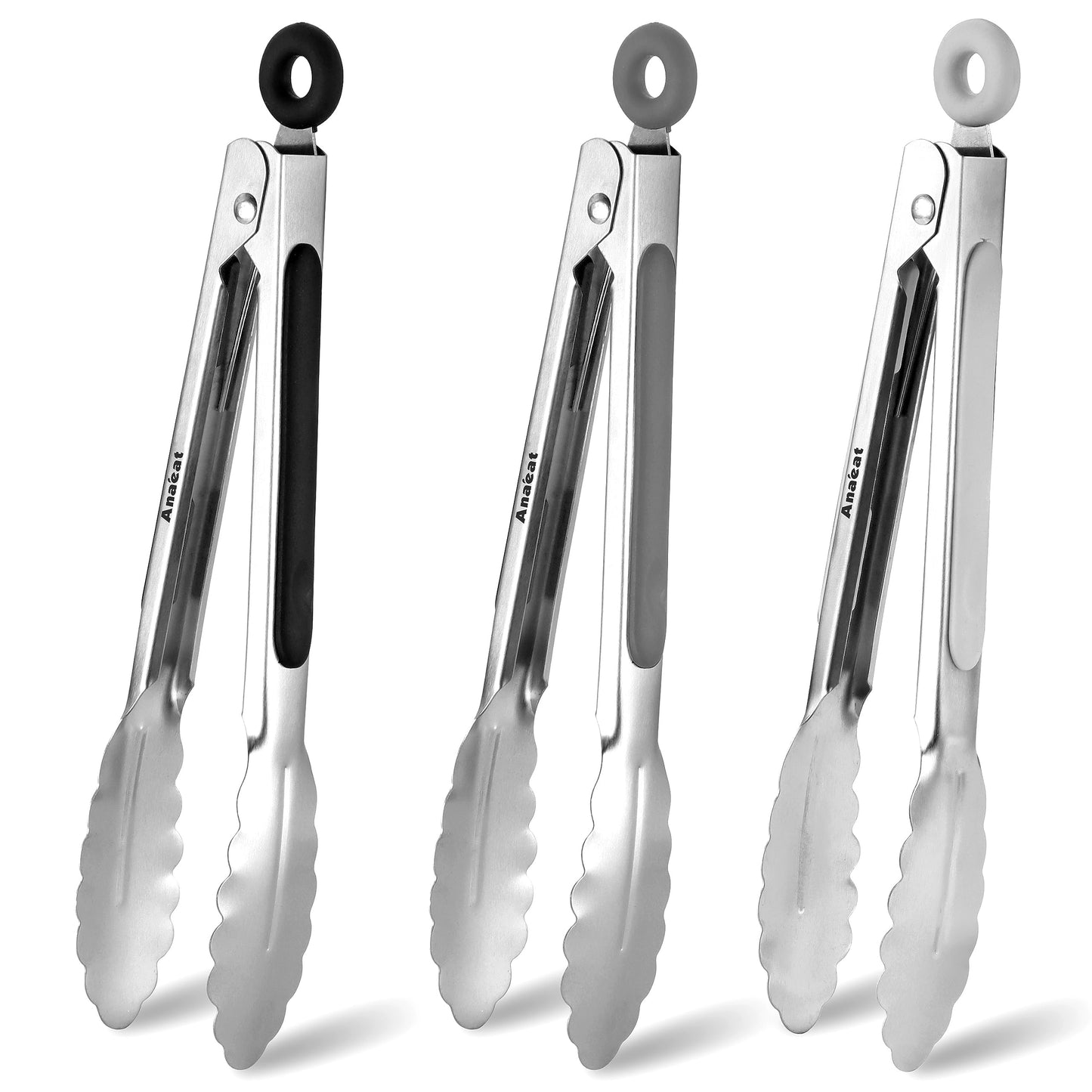 Anaeat Non-Stick Silicone Locking Tong Set of 2 - Stainless Steel 9" and 12" Kitchen Food Tongs with Non-Slip Silicone Tips and Grip for Cooking, Baking and BBQ - Heavy Duty & Heat Resistant (Black)