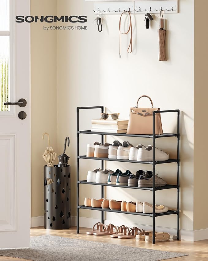 SONGMICS 4-Tier Shoe Rack, Shoe Storage for Hallway Closet, Slim and Space-Saving, Metal Frame, Non-Woven Fabric Shelves, Black ULSH044BH02