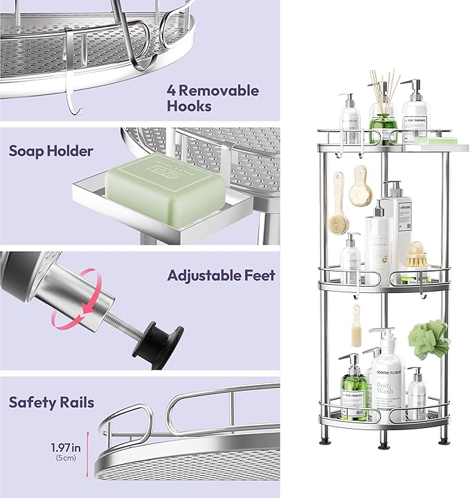 SWTYMIKI Corner Shower Caddy Standing - 3 Tier Rustproof Metal Shower Organizer Stand with Soap Holder and 4 Hooks, Freestanding Floor Shower Storage Stands for Bathroom, Silver