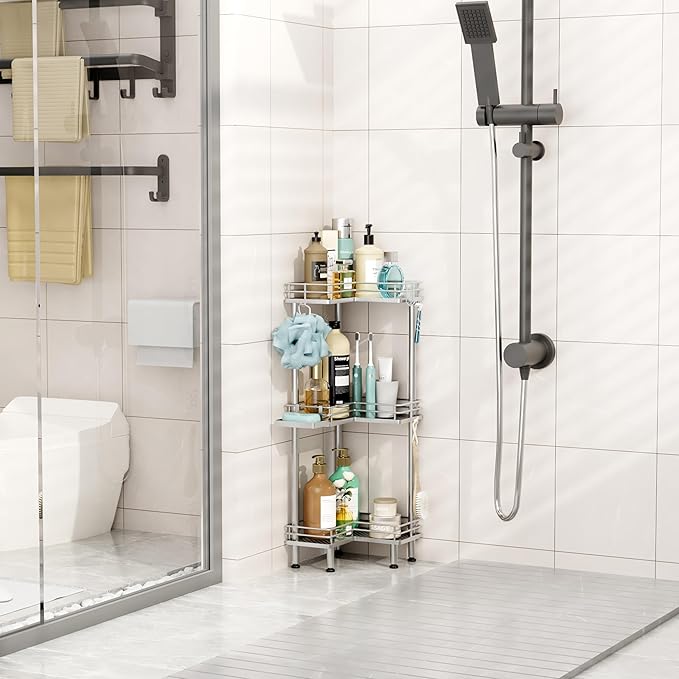 HapiRm Standing Corner Shower Caddy - 3 Tier Shower Shelf Corner with Soap Holder, Rustproof Bathroom Standing Organizer with 4 Hooks, Silver