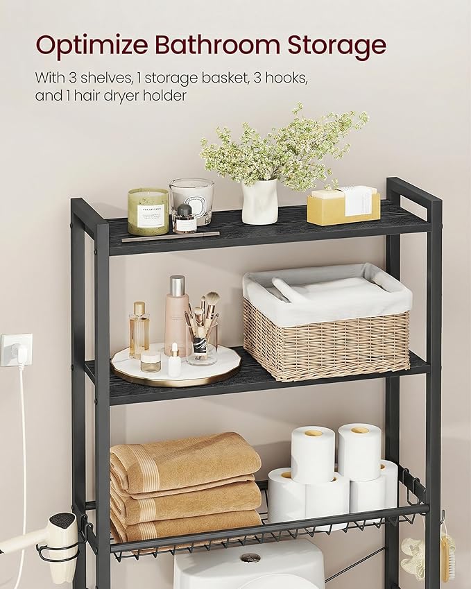 VASAGLE Over The Toilet Storage, Over Toilet Bathroom Organizer with Adjustable Shelves and Basket, 3 Hooks, Space Saving, 9.4 x 23.6 x 63 Inches, Ebony Black UBTS113BE01S