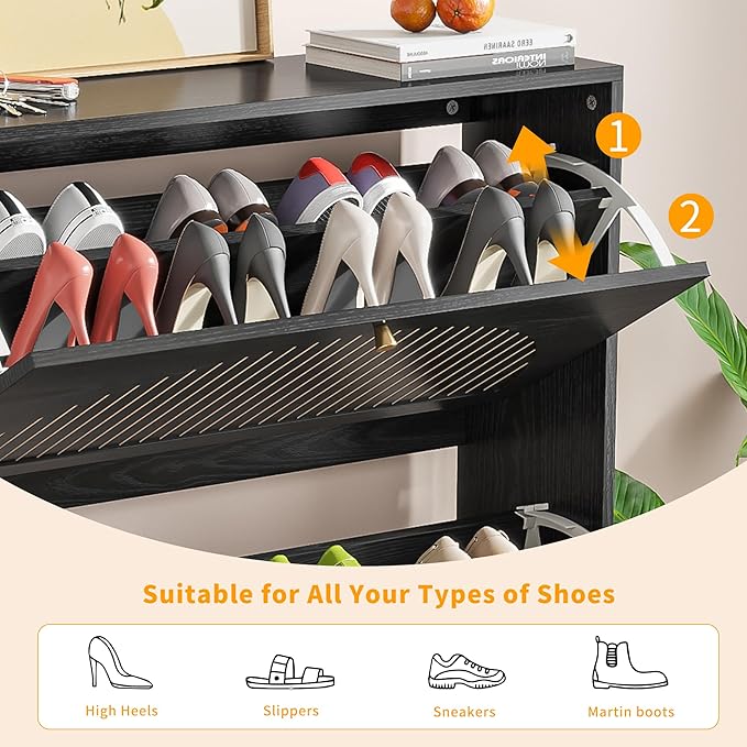 Shoe Storage Cabinet for Entryway with 2 Flip Drawers, Narrow Wood Shoe Cabinet with Fluted Panel, Freestanding Hidden Shoe Organizer for Foyer, Hallway (Black - with Shelf)