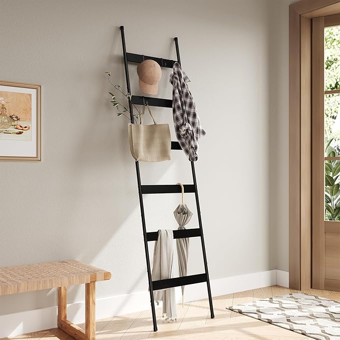 ELYKEN Blanket Ladder for Living Room, Farmhouse 6-Tier Quilt Holder with 4 Removable Hooks for Bathroom, Wood Towel Rack Display, Wall Anchor Leaning Decorative Stand for Home, Black