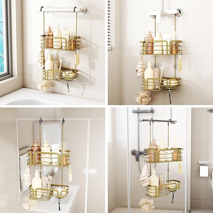 SWTYMIKI Shower Caddy Hanging Organizer - Over the Door Shower Caddy with Soap Holder, 11 Hooks, 2 Installation Ways, Stainless Steel Rustproof Bathroom Organizer, Gold