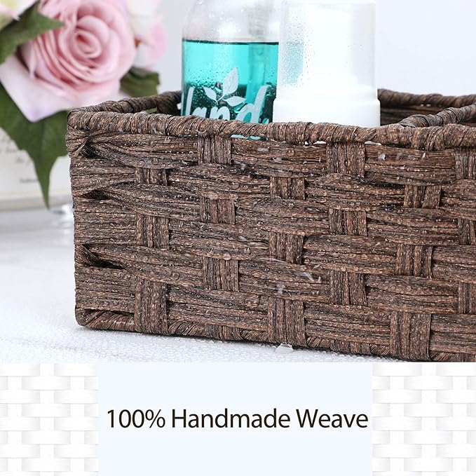 [Larger Compartments] Toilet Tank Topper Paper Basket - Multiuse Hand Woven Plastic Wicker Basket with Divider for Organizing, Rustic Farmhouse Bathroom Decor, Countertop Organizer Storage, Brown