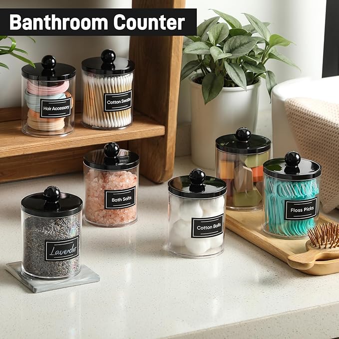 3 Pack Acrylic Qtip Holder Dispenser for Cotton Swabs, Balls, Pads, Floss - Plastic Canister Apothecary Jar Set, Bathroom Essentials Accessories Decor Vanity Makeup Storage Organizer - Clear & Black