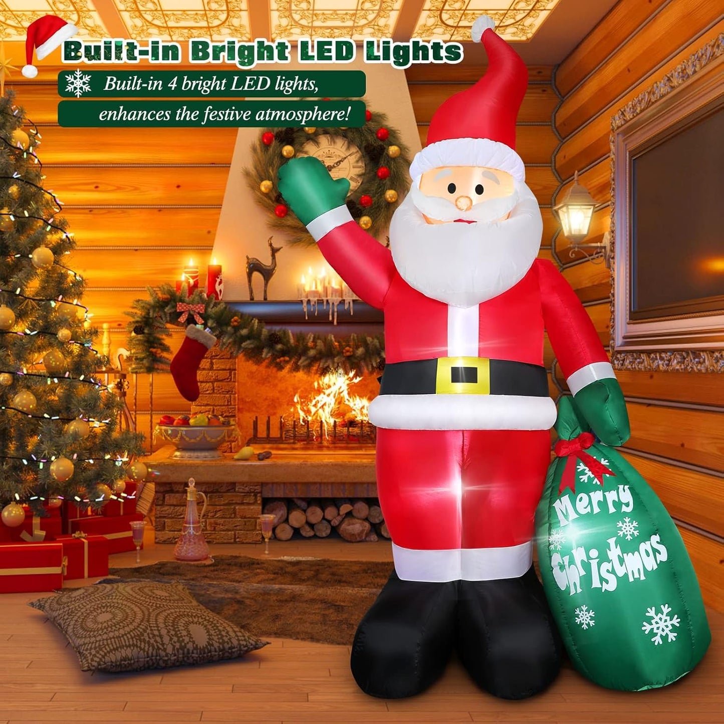 8 FT Christmas Inflatable Santa Claus Outdoor Decors for Yard, Xmas Blow up Santa Decoration with Big Gift Bag, Built-in LED Lights for Garden Patio Lawn Home Indoor Outside Winter Holiday Party