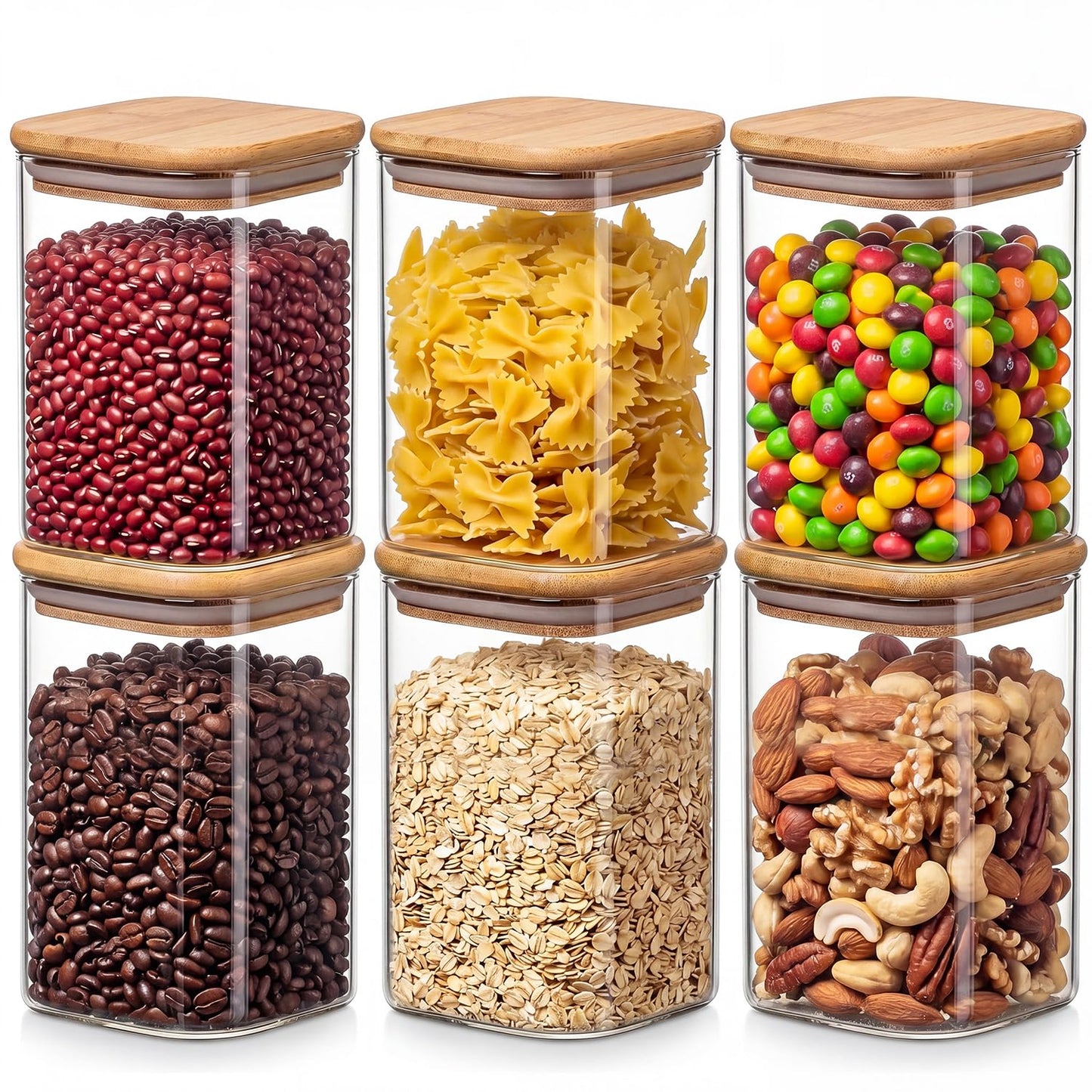 Xoniwis 3-Pack 1.6Qt Square Glass Storage Jars with Bamboo Lids
