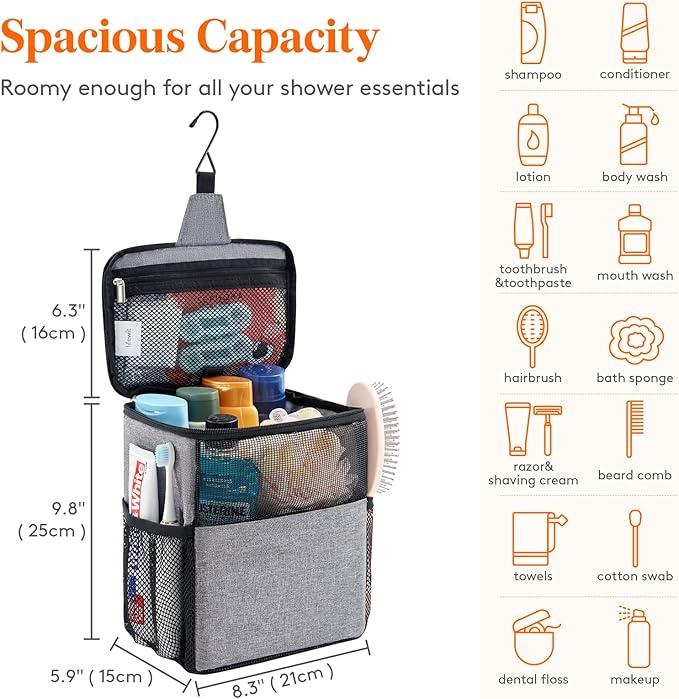 Lifewit Mesh Shower Caddy Bag Portable for College Dorm Room Essentials, Hanging Organizer Basket, Quick Dry Tote Bag for Camping, Bathroom, Beach, Travel, Medium, Grey