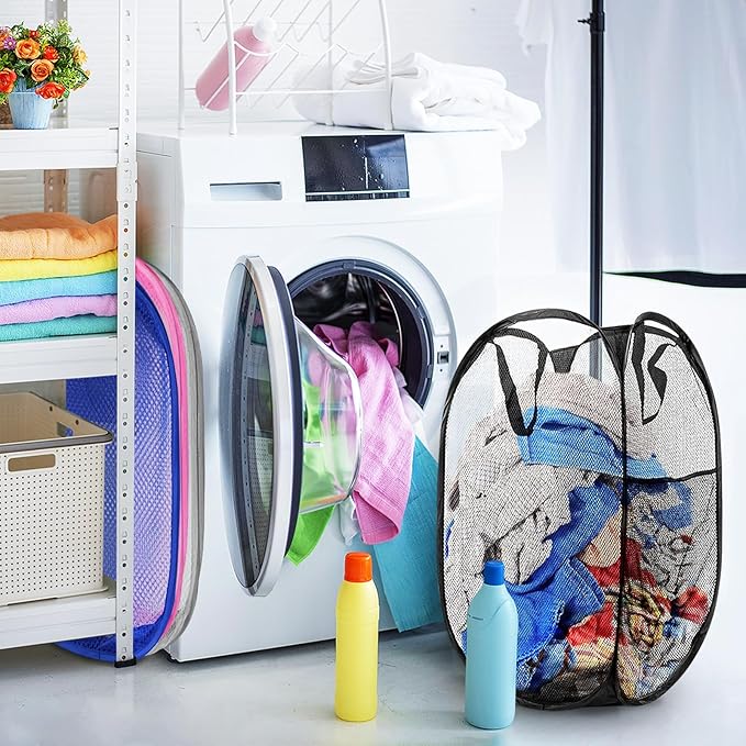 Collapsible Pop Up Laundry Hamper, Extra Large Mesh Foldable Laundry Basket Bag, 28" x 16" x 16", 4 Pack (Black + Pink + Grey + Blue)