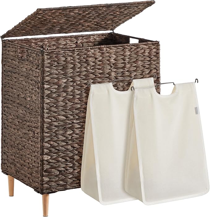 SONGMICS Laundry Hamper 2 Sections, 34.3 Gal. (130 L) Handwoven Water Hyacinth Wicker Laundry Basket with Lid, Natural Material, Removable Machine Washable Liners, Handles, Espresso ULCB202K01