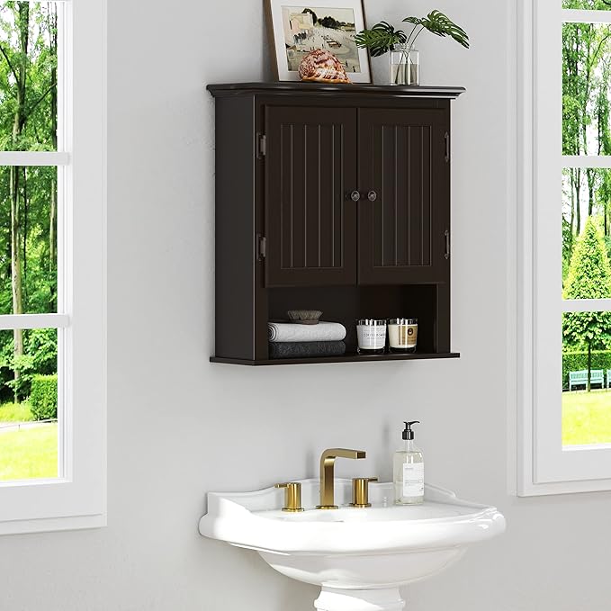 UTEX Bathroom Cabinet Wall Mounted, Wood Hanging Cabinet, Wall Cabinets with Doors and Shelves Over The Toilet, Espresso