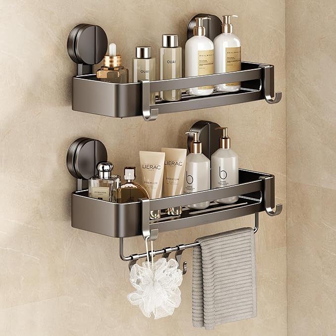 VOLPONE Shower Caddy Suction Cup, 2 Pack Corner Shower Shelves No Drilling, Showers Organizer Storage with Towel Bar & Removable Hooks, Bathroom Shower Shelf Rack for Inside Showers, Square