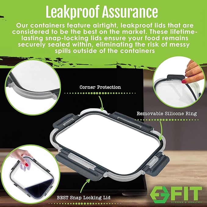 FIT Strong & Healthy Glass Meal Prep Containers, 2 & 3 Compartments – 32 oz Glass Containers with Lids, Food Storage with Black Lids, Oven & Freezer Safe, Leak-Proof Bento Box Adult, 4 Pack
