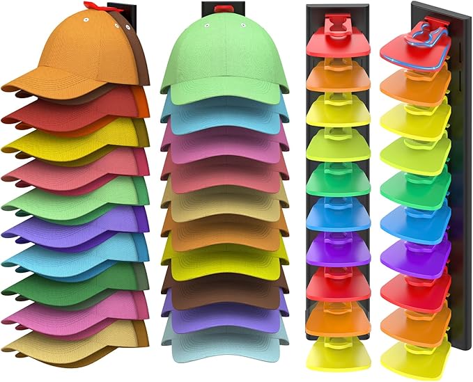 Hat Organizer for Baseball Caps, 2 Pack Hold Up to 40 Hats, Hat Rack for Wall Space Saving, Hat Hanger w/Strong Adhesive Hat Storage Holder Display for Closet Door and Wall (Black & Color)