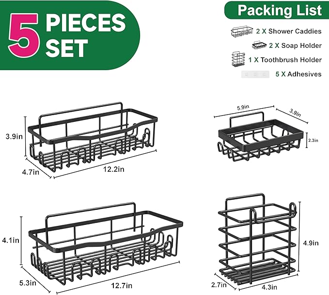 Shower Caddy 5 Pack Rustproof Stainless Steel Bath Organizers With Large Capacity, No Drilling Shelves, Adhesive Shower Caddy, for Bathroom Storage & Home Decor, SC02