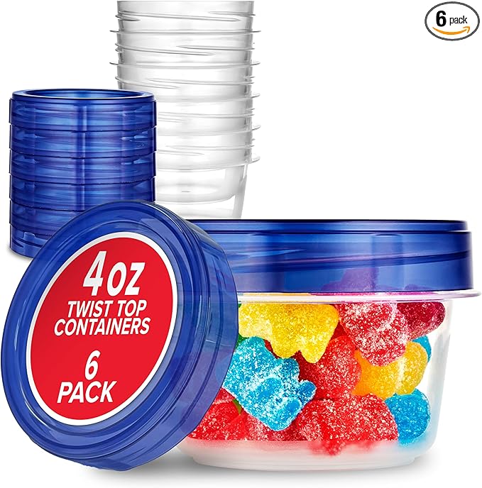 Stock Your Home 4oz Plastic Containers with Twist Top Lids (6 Pack), 1/2 Cup Small Freezer Containers for Leftover Food, Airtight Reusable Soup Containers with Lids, Microwave and Dishwasher Safe