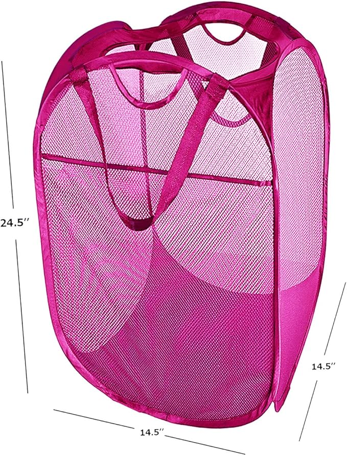 Strong Mesh Pop-up Laundry Hamper, Quality Laundry Basket with Durable Handles Solid Bottom High Carbon Steel Frame, Easy to Open and Fold Flat for Storage (Pink)