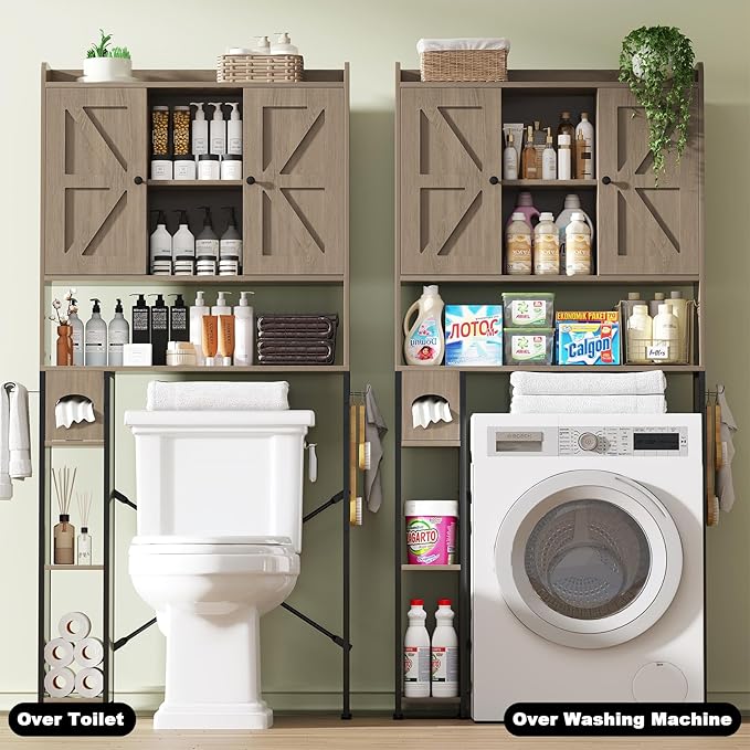 EasyCom Over The Toilet Storage Cabinet with Metal Frame and 7 Storage Shelves, Bathroom Organizer with Adjustable Shelves and Paper Holder, Farmhouse Storage Cabinet for Bathroom, Laundry, Oak Grey