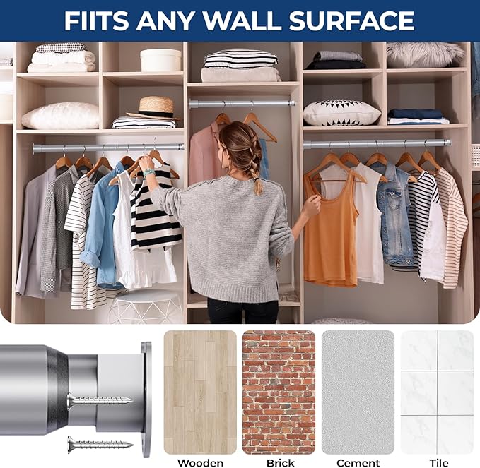 Mavivegue Closet Rod, 17 to 70 Inch Adjustable Closet Rods for Hanging Clothes, Silver Hanging Rod for Closet Wardrobes Laundry RV, Bathroom
