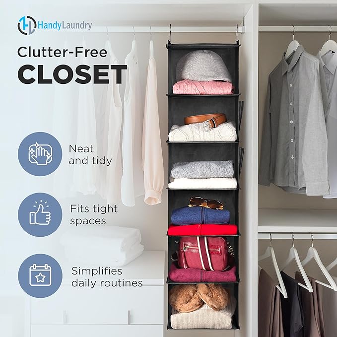 Handy Laundry Hanging Closet Organizer - 6 Shelf Storage for Clothes, Sweaters, Shoes & Accessories - Space-Saving Wardrobe Shelves with Hooks for Dorm, RV & Small Closet Organization (Black)