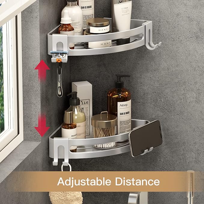VOLPONE Shower Corner Shelf Caddy 2 Pack shower Organizer No Drill (adhesive mounting, no suction cup) Shower Storage Rust Proof Bathroom Corner Wall Shelf shampoo holder Silver