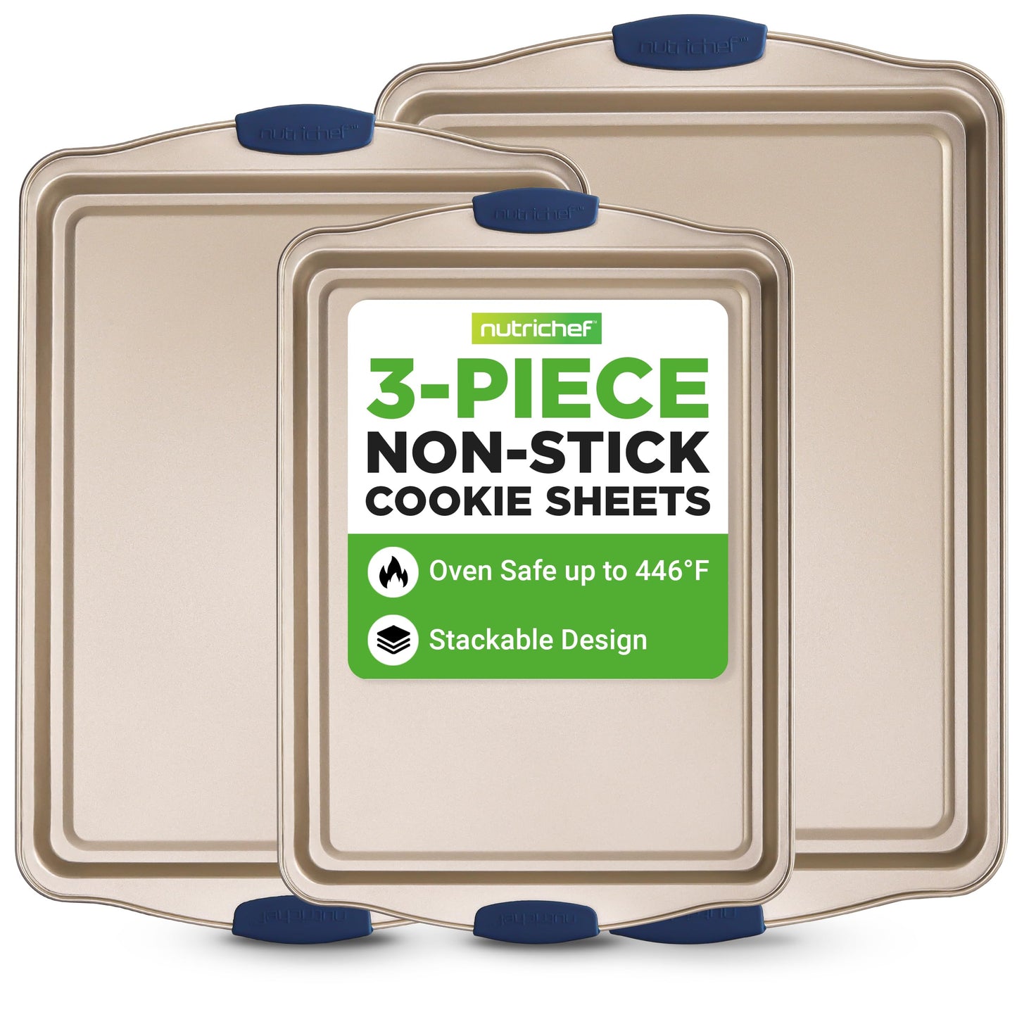 NutriChef 10-Piece Nonstick Bakeware Set - Premium Carbon Steel Baking Pan Set w/Heatsafe Silicone Handles, Includes Pizza Crisper, Loaf Pan, 12 & 24 Cup Muffin Pans, Cake Pans, Cookie Sheets