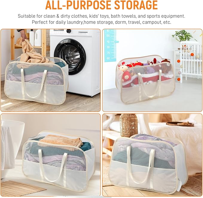 Collapsible Laundry Baskets with Easy Carry Handles, 95L Clothes Hamper for Storage, Foldable Laundry Basket Tear-proof, Large Pop Up Hampers for Laundry, Bedroom, Bathroom, Dorm Beige